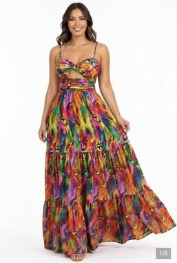 Y2k Loragal Boho Multicolored Feather Print Chiffon Ring-Front Maxi Dress Sz S/M
